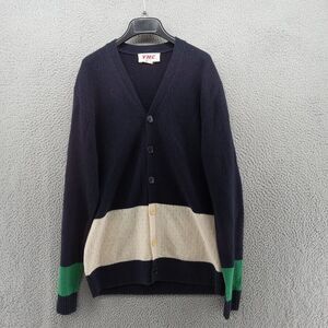 YMC Sweater Womens XL‎ Navy Blue Green White Cardigan Button 100% Lambswool